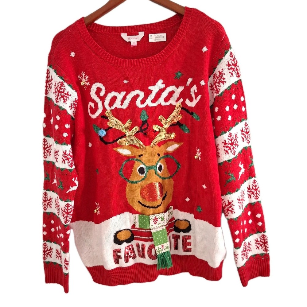 Christmas Sweater Red Size 3XL (Juniors 21) Santa's Favorite Rudolph Reindeer